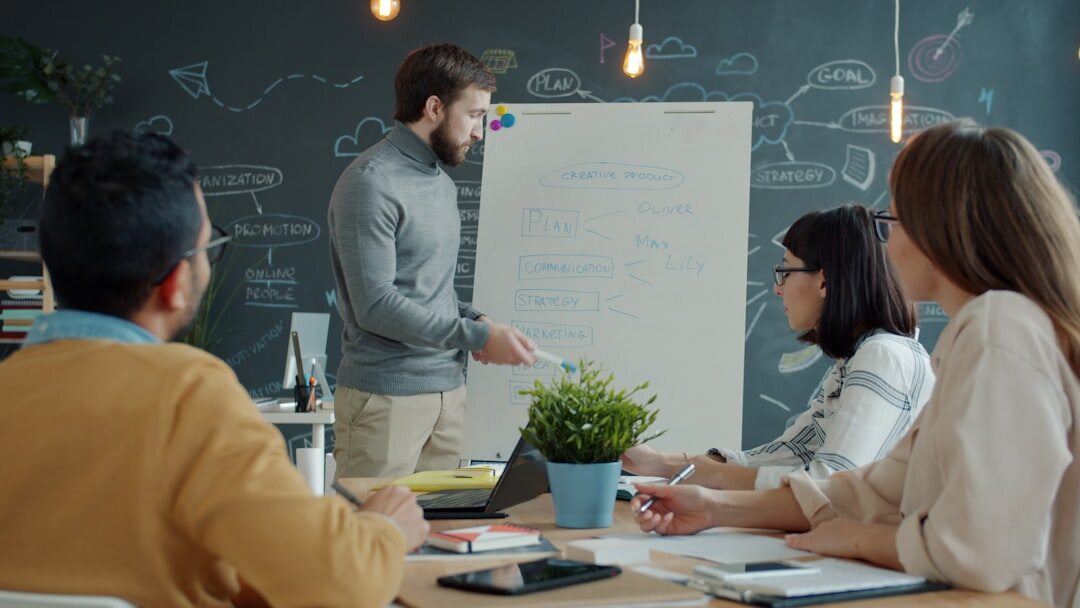 Modern startup office with team collaborating at whiteboard